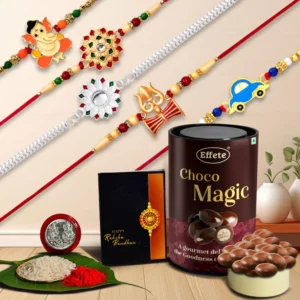 Combo Pack of 5 Designer Rakhi with Choco Magic Almonds, Silver Coin, Roli Chawal & Raksha Bandhan Greeting Card | Rakhi for Brother with Gift | Rakhi Combo for Brother